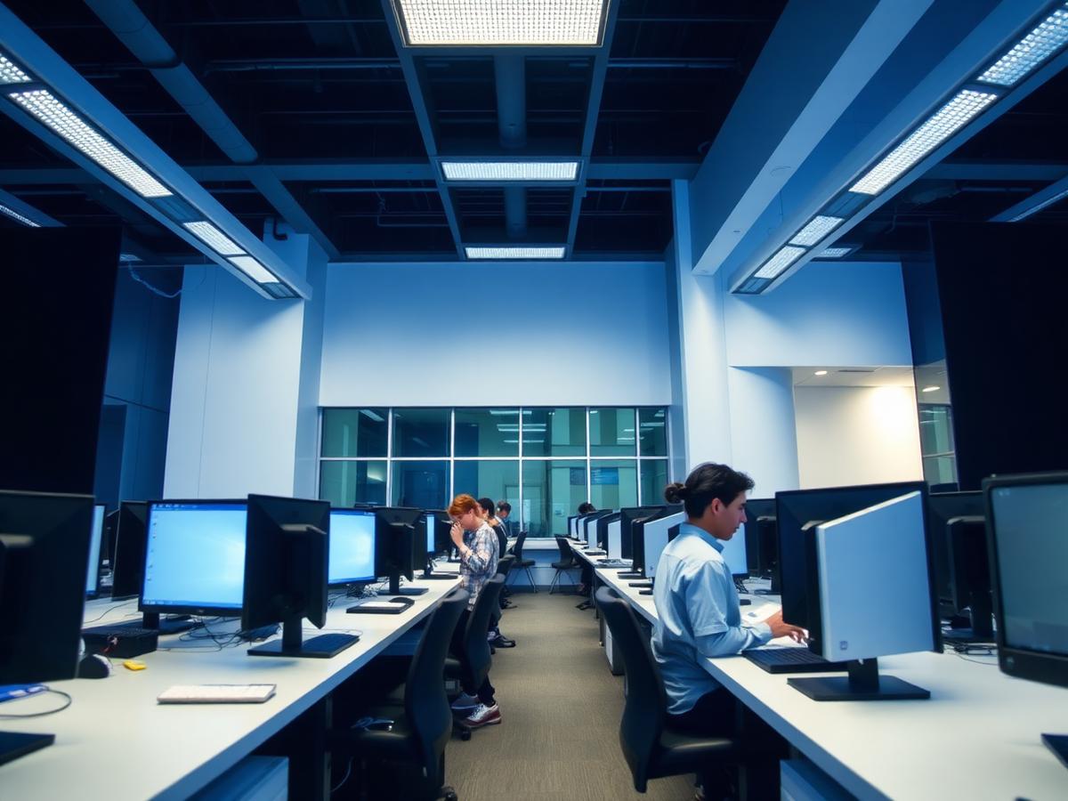 Computer lab with students working at desktop machines