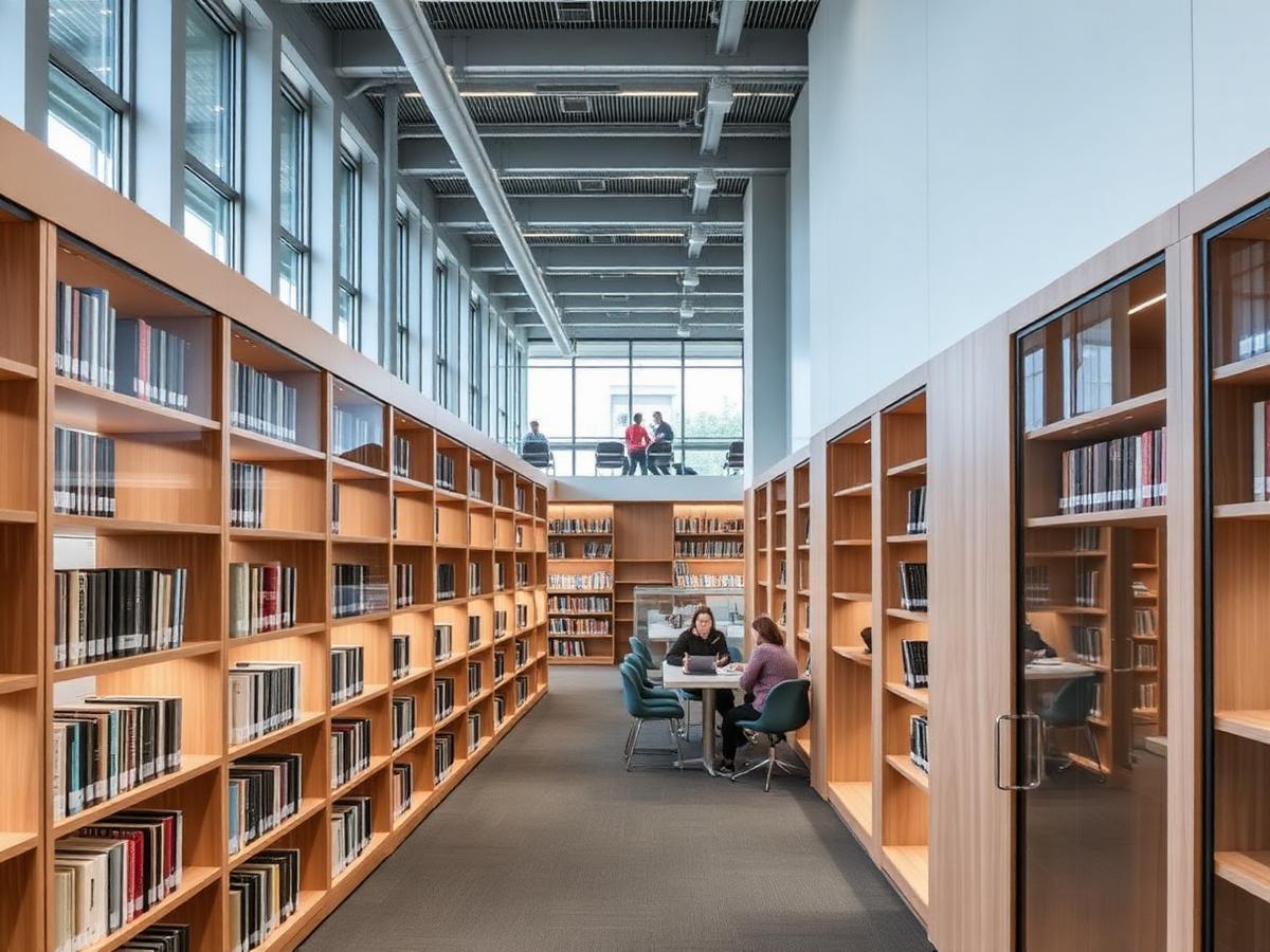 Library shelves and study areas